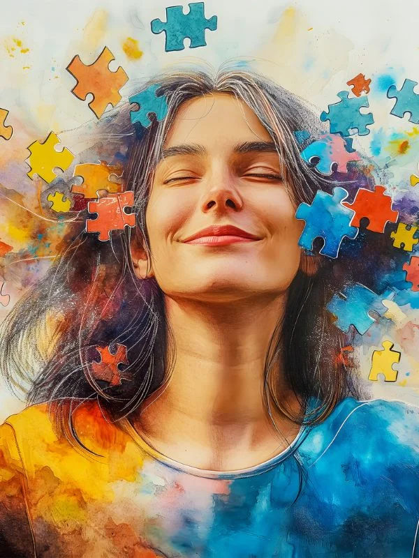Porträt einer entspannten Person mit farbigen Puzzle-Teilen um den Kopf, symbolisiert mentale Prozesse und Psychotheraphie Celle.